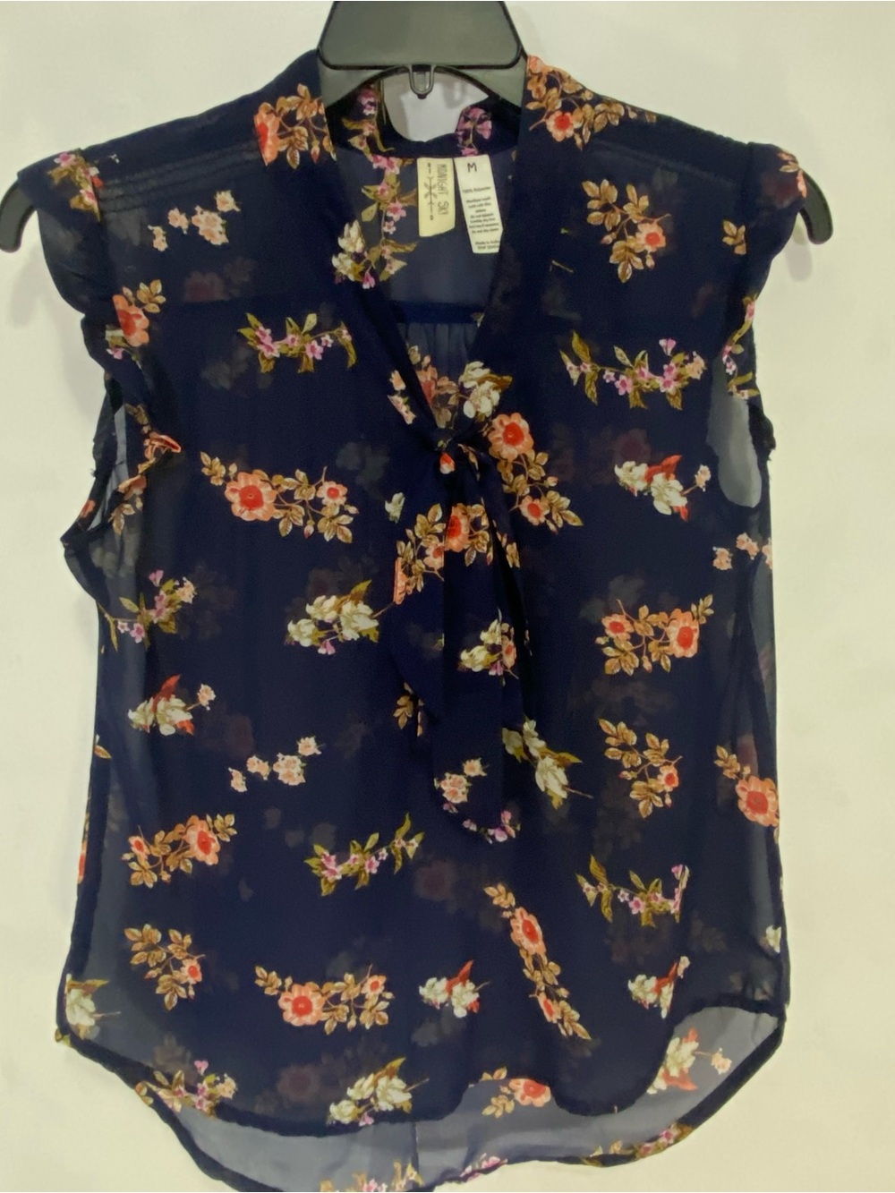 Navy Floral Tie-Neck Sleeveless Sheer Blouse Medium Office Career Cottagecore